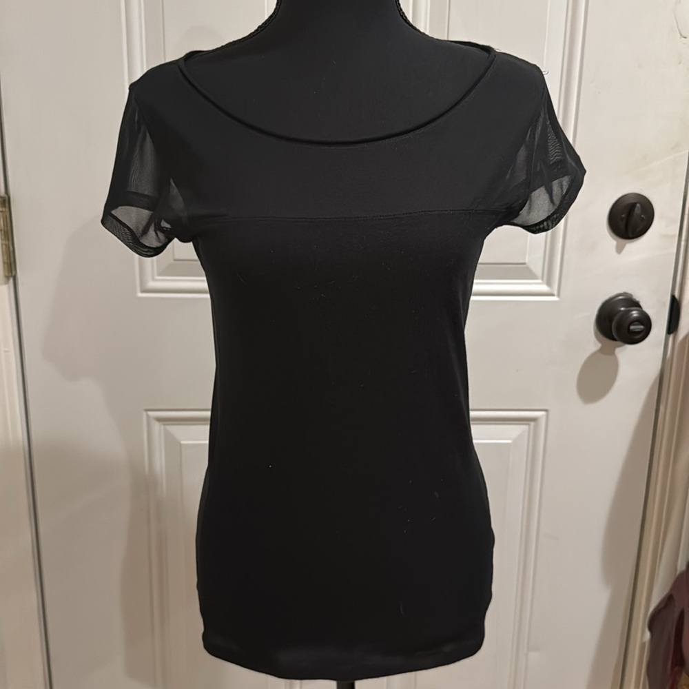 Express Womens Black Cotton Modal Fitted Inset Mesh Side Stripe Knit Tee S
